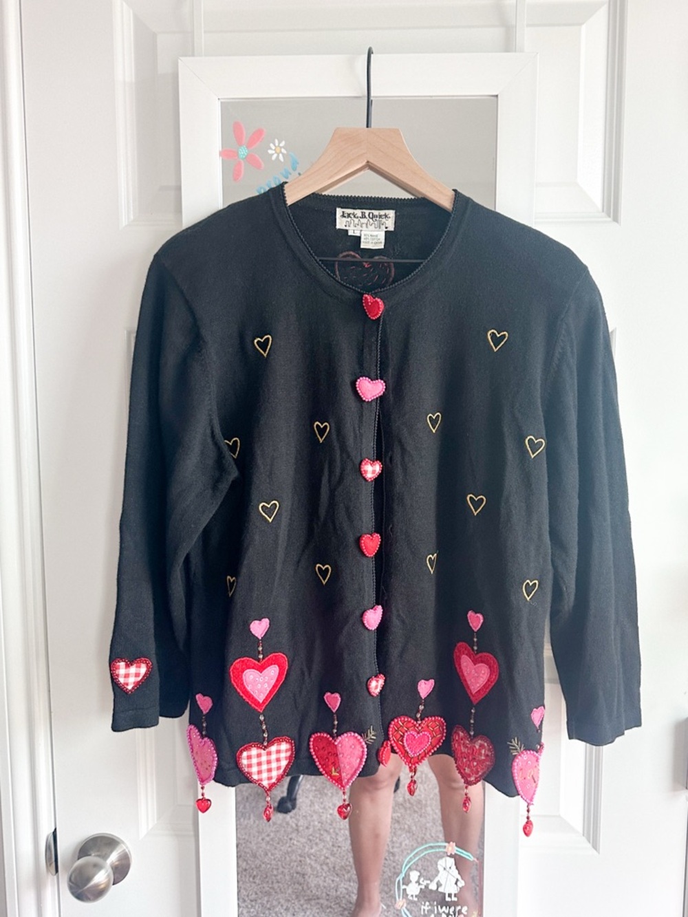 Vintage 90s Jack B. Quick Large Black Heart Applique Beaded Novelty Cardigan L